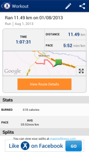 MapMyFitness stats - way over the 10km goal!